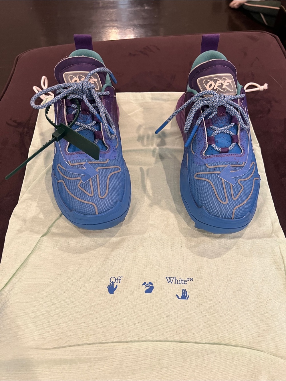 Men’s Off-White Blue and Purple reflective Lace-Up Sneakers with Teal Accents